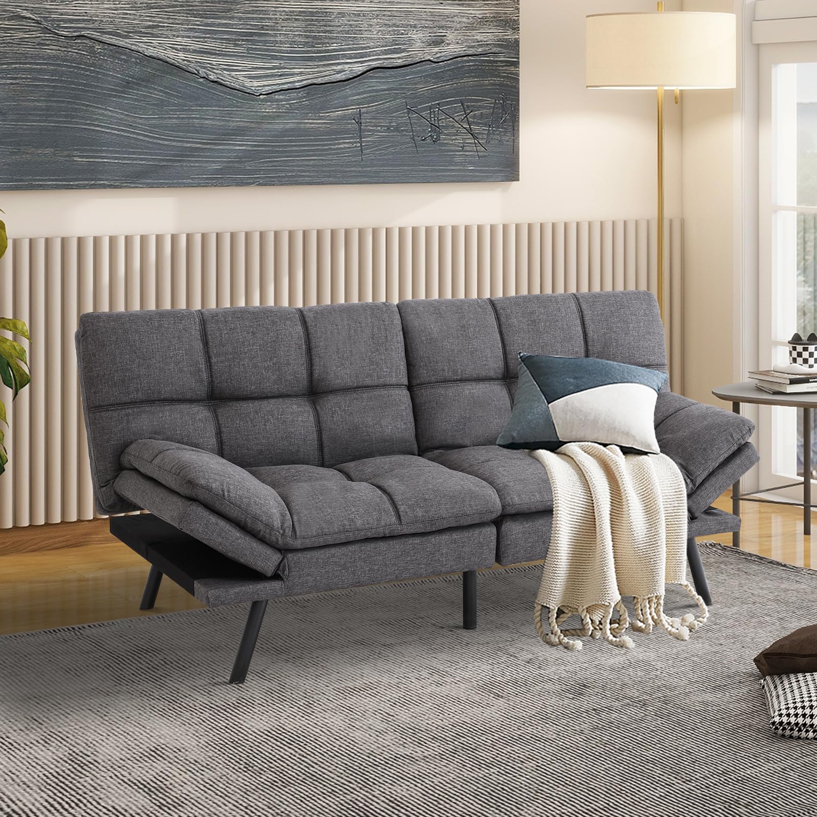 MUUEGM Futon Sofa Bed Couch Modern Linen Fabric Futon Convertible Sofa Bed Memory Foam Futon Couch Bed Sofa Couch Loveseat Sleeper Sofa for Compact Living Spaces,71'' x33''x31.5'',Dark Gray.