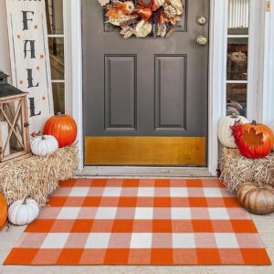 earthall buffalo plaid outdoor rug orange and white checkered rug fall door mat 27.5 x 43 inches cotton washable farmhouse fall outdoor rug for layered door mats fall porch decor