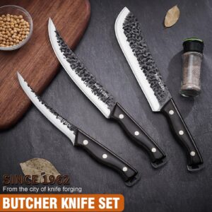 Naitesen Professional Butcher Knife Set 3, Bullnose Meat Carving Knife Breaking Knife Boning Knife Hand Forged Very Sharp for Meat Cutting Home Kitchen Cooking BBQ