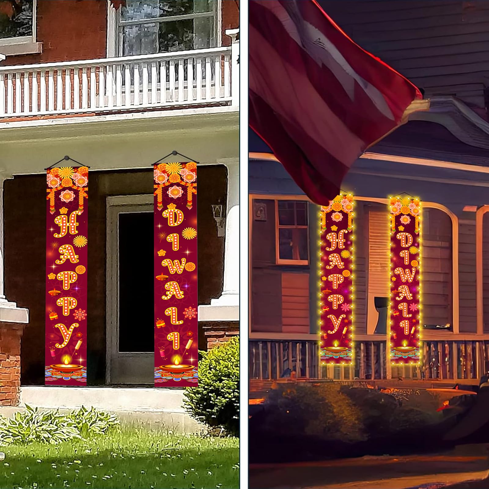 Diwali Door Hanging Banner Lighted Decorations Festival of Light Porch Sign with LED Light Deepavali Celebration Banner Party Indoor Outdoor Wall Decor