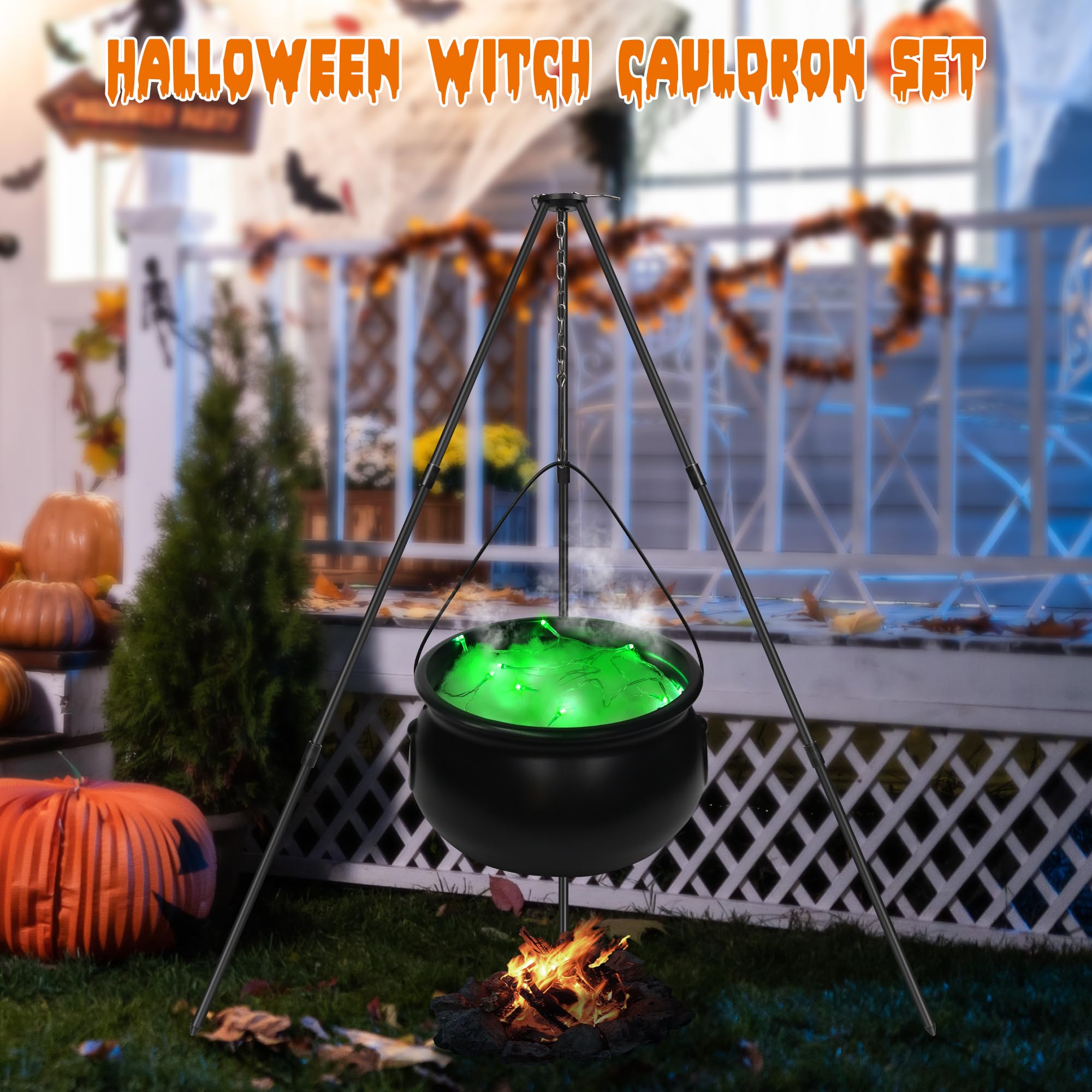 Halloween Decorations Outdoor Large Witch Cauldron, Black Plastic Bowl Decor on Tripod with Lights Halloween Cauldron Pot, Witches Cauldron Hocus Pocus Candy Bucket Decoration for Porch Home Party