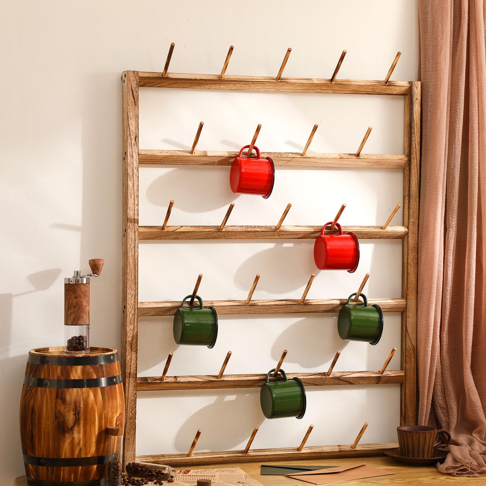 Blosssound Wall Mounted Oversize Coffee Mug Rack Rustic Wood Mug Rack Wall Mounted Storage for 27 Cups Mug Holder Wall Mounted Jar Plate Holder for Home Display and Collection, 34 x 26.75 x 4 Inches