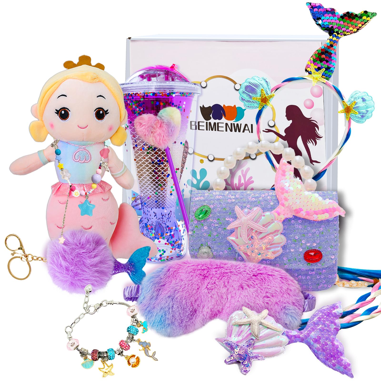 BEIMENWAI Mermaid Toys & Gift Set for Girls Ages 4-10+ - Includes Mermaid Stuffed Doll, Water Bottle, Bag, Jewelry Set, & Plush Toys