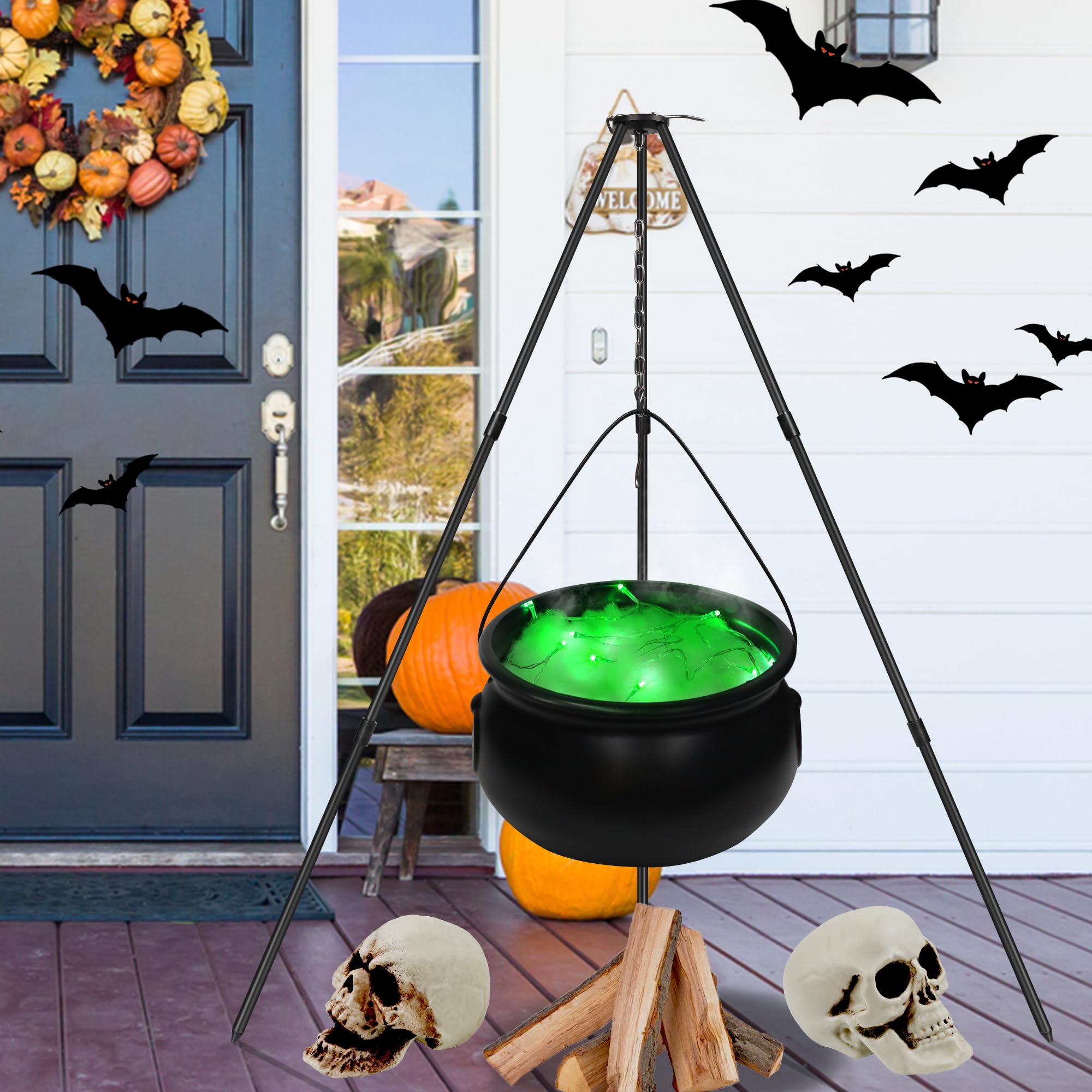 Halloween Decorations Outdoor Large Witch Cauldron, Black Plastic Bowl Decor on Tripod with Lights Halloween Cauldron Pot, Witches Cauldron Hocus Pocus Candy Bucket Decoration for Porch Home Party