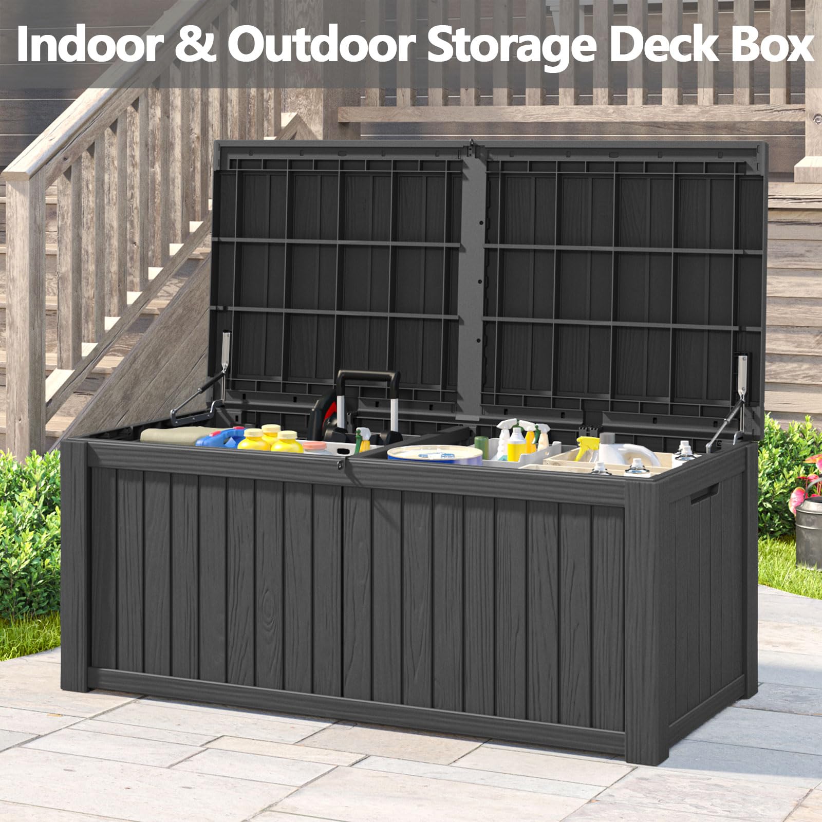 LHBGO 180 Gallon Deck Box Large Outdoor Storage for Patio Furniture,Outdoor Cushions, Garden Tools, Sports Equipment and Pool Supplies, Waterproof, Resin, Lockable, Black