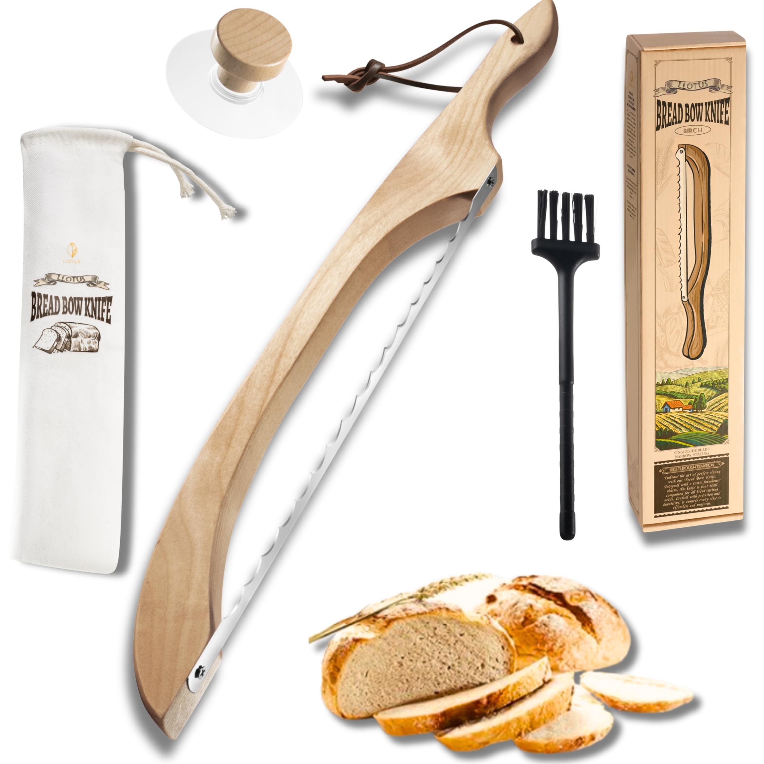 LLOTUS Bread Knife Package Slicer for Sourdough Bread, 16.5" Premium Wooden Bow Design, Premium Stainless Steel Serrated Saw, Cutter for cutting Loaf, Sandwich, Bagels, Homemade Bread & more - Birch