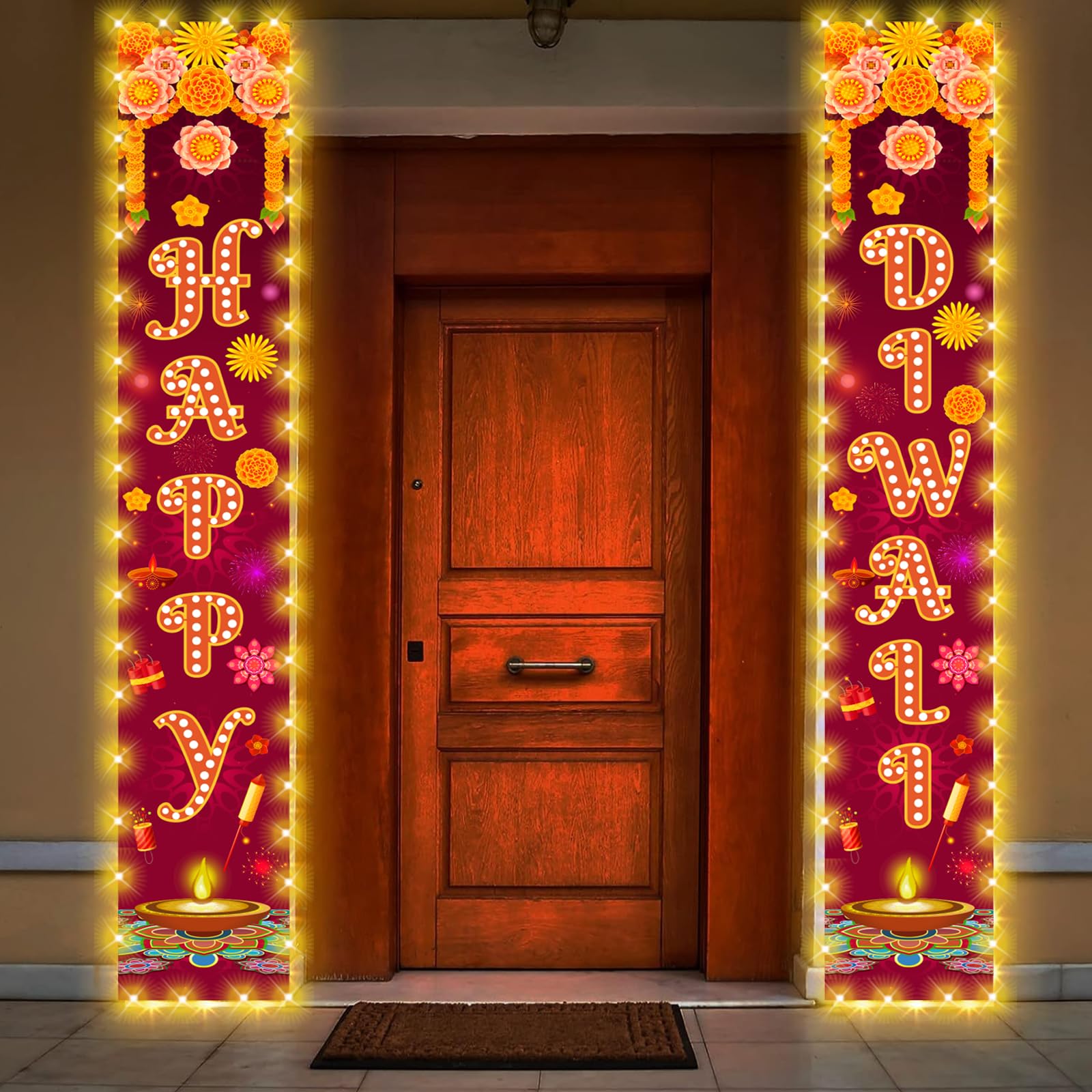 Diwali Door Hanging Banner Lighted Decorations Festival of Light Porch Sign with LED Light Deepavali Celebration Banner Party Indoor Outdoor Wall Decor