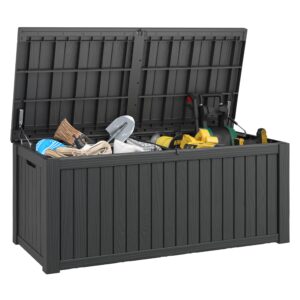 lhbgo 180 gallon deck box large outdoor storage for patio furniture,outdoor cushions, garden tools, sports equipment and pool supplies, waterproof, resin, lockable, black