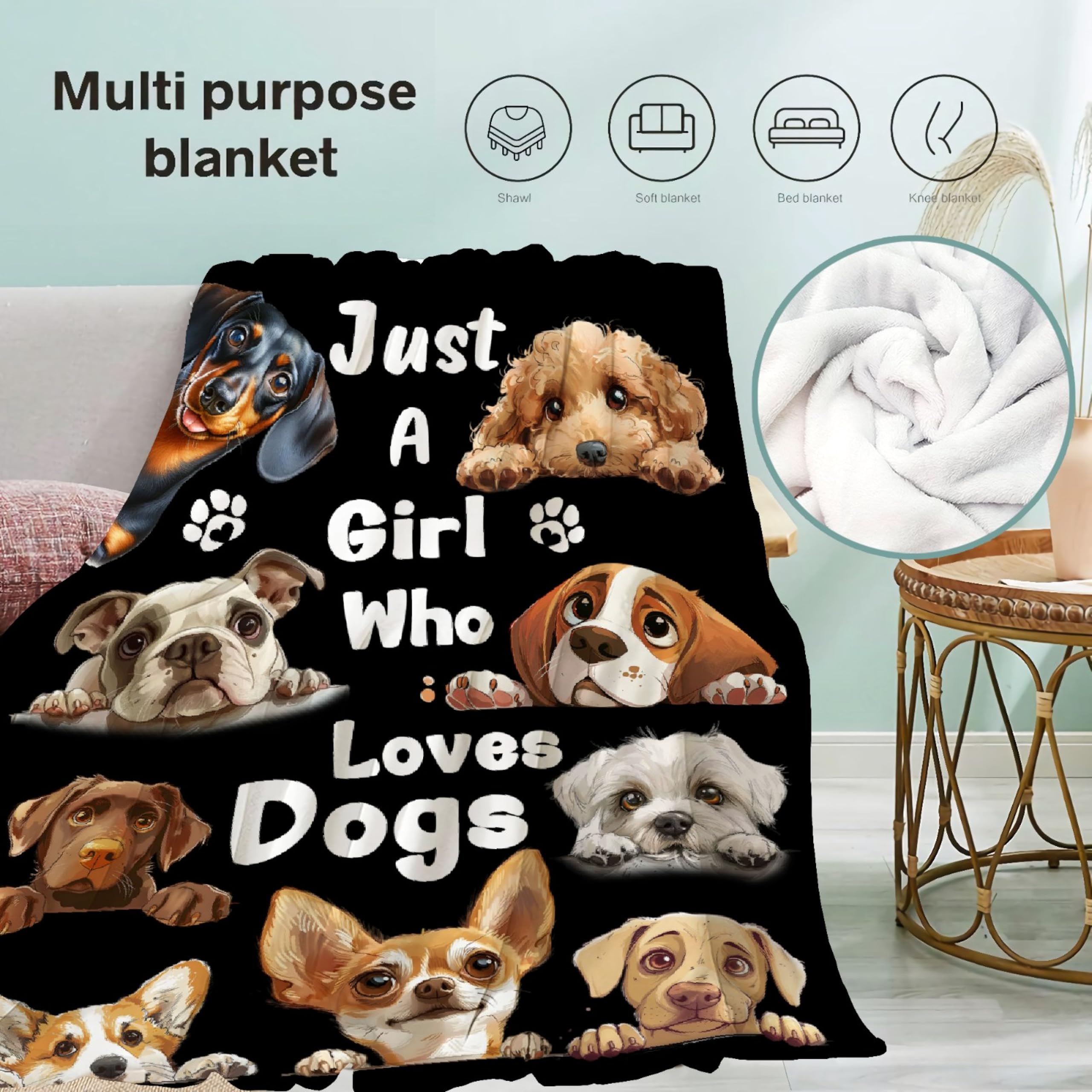 Khumbhira Dog Print Blanket Dog Themed Gifts for Best Dog Mom Blanket with Dogs on It Just A Girl Who Loves Dogs Throw Blanket for Girls Women Dog Lover Christmas Throw-50x40In