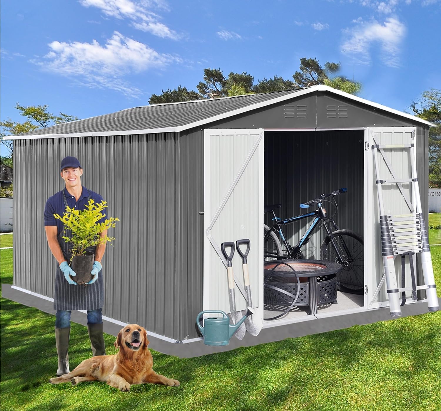 EMKK 10 x 8 FT Outdoor Storage Shed, Metal Shed with Lockable Doors, Water-Resistance & UV-Resistance Metal Sheds & Outdoor Storage House for Patio Garden Lawnmowers,Practical Tool