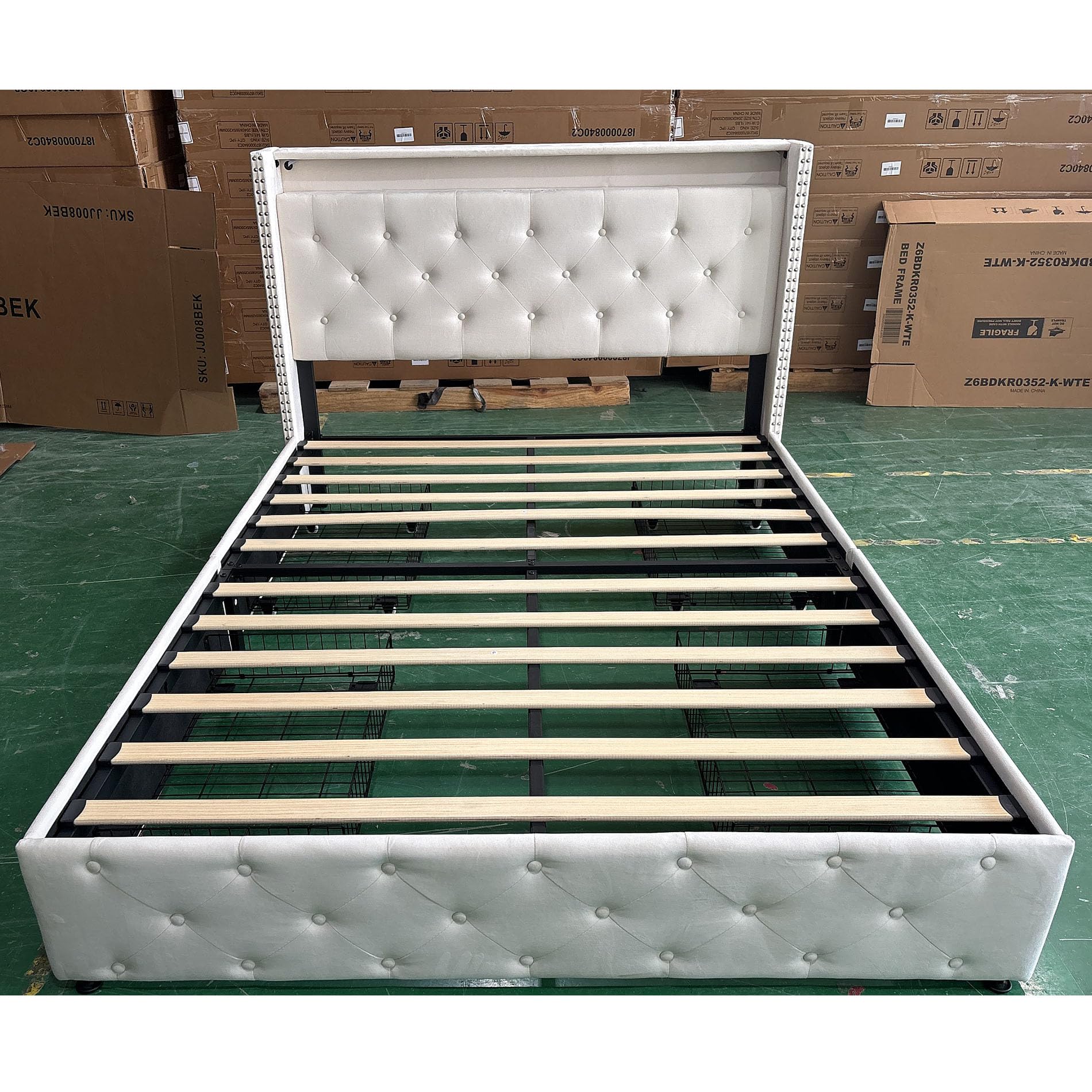 Vabches Full Size Bed Frame with LED Headboard & Drawers, Velvet Upholstered Platform Bed Frame with Led Light and Charging Station, Wingback Storage Metal Bed, Beige