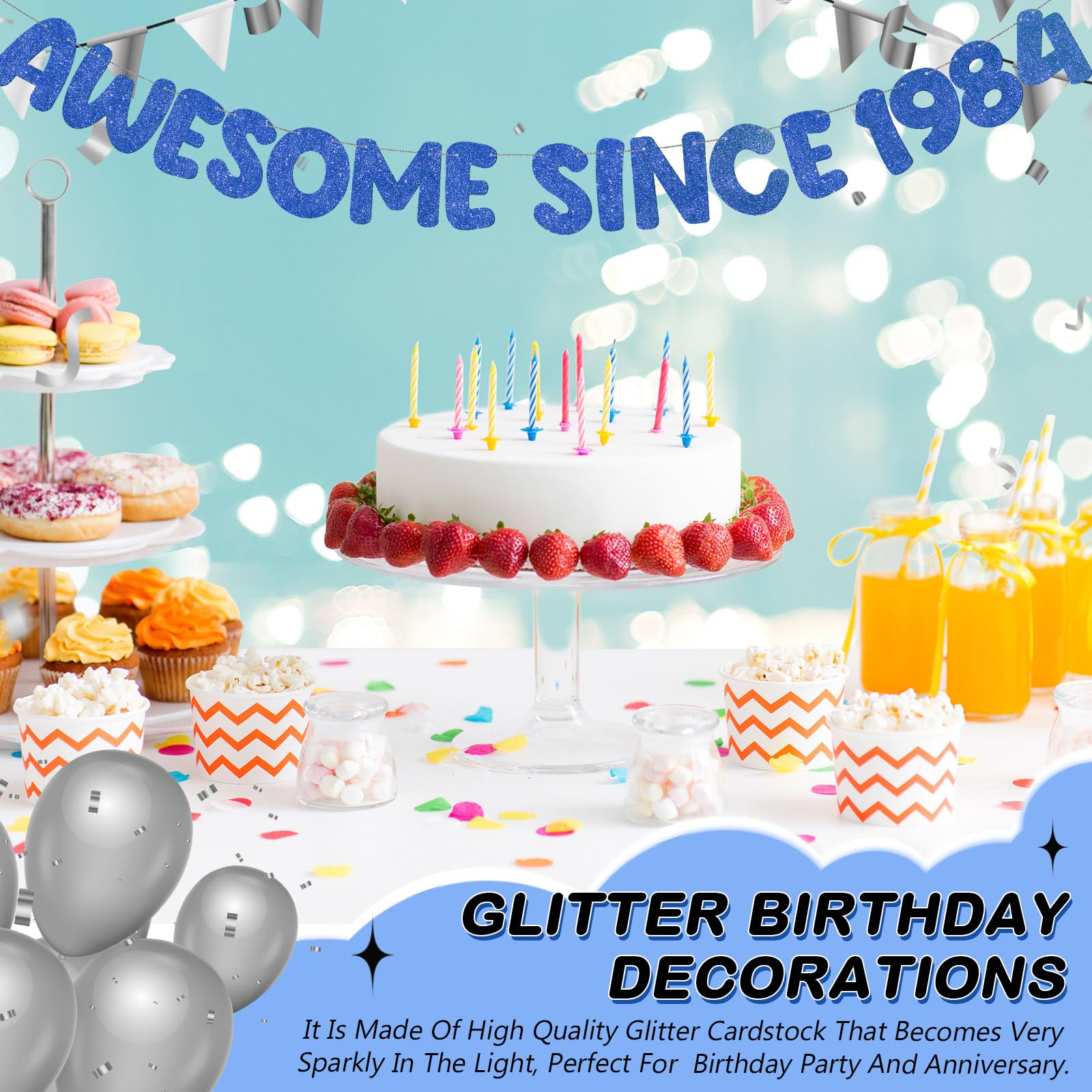 Fulmoon Pre-strung Awesome Since 1984 Banner Glitter Happy 40th Birthday Banner Funny 40th Birthday Decorations 1984 Party Decorations for Men Women Anniversary (Navy Blue)