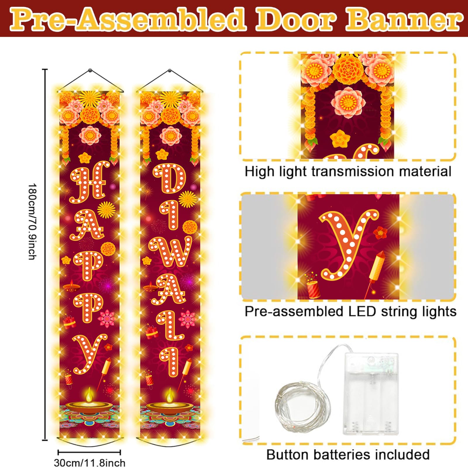 Diwali Door Hanging Banner Lighted Decorations Festival of Light Porch Sign with LED Light Deepavali Celebration Banner Party Indoor Outdoor Wall Decor