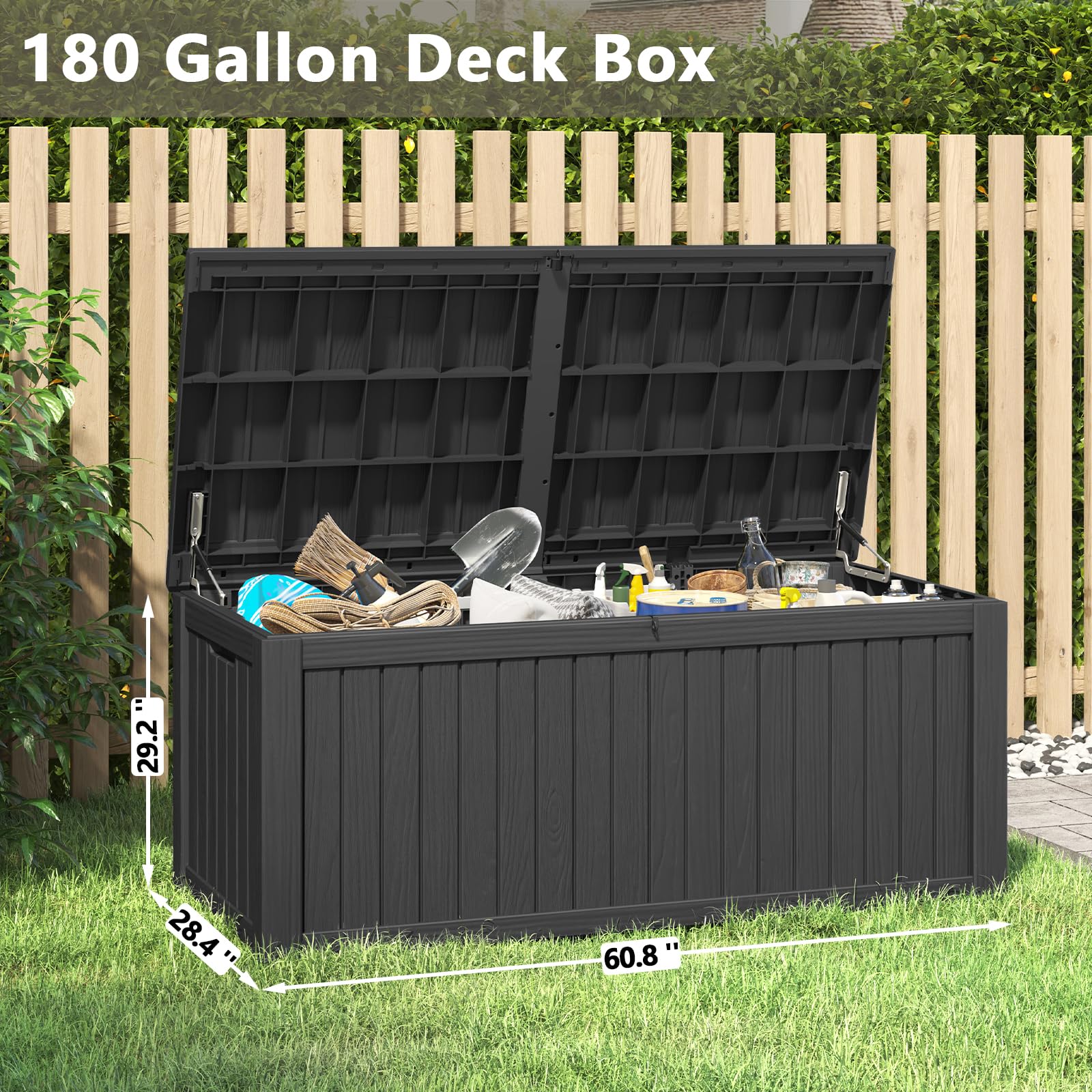 LHBGO 180 Gallon Deck Box Large Outdoor Storage for Patio Furniture,Outdoor Cushions, Garden Tools, Sports Equipment and Pool Supplies, Waterproof, Resin, Lockable, Black