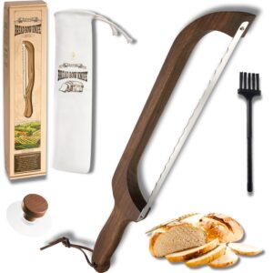 bread knife package slicer for sourdough bread, 16.5" premium wooden bow design, premium stainless steel serrated saw, cutter for cutting loaf, sandwich, bagels, homemade bread & more - black walnut