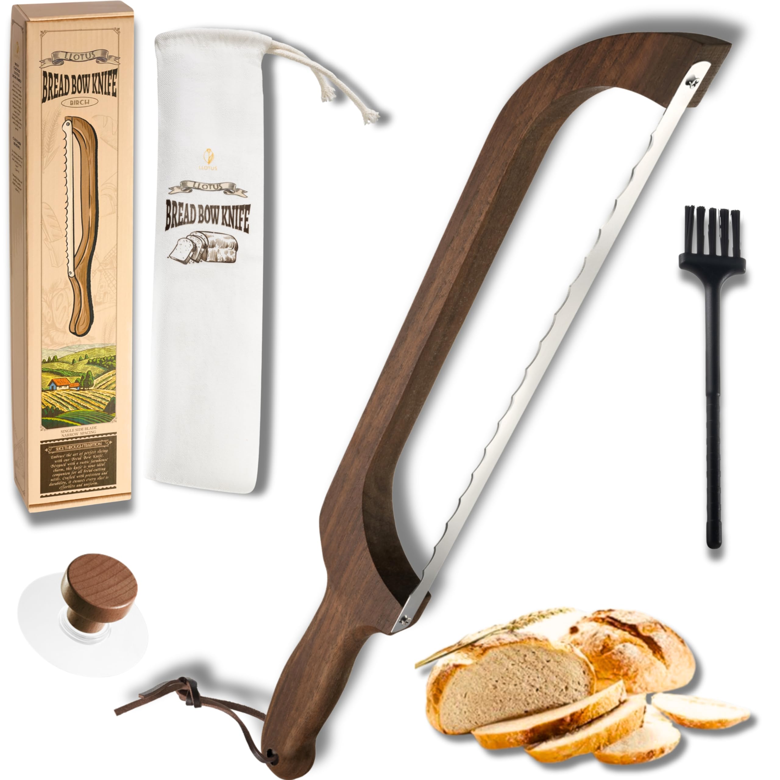 Bread Knife Package Slicer for Sourdough Bread, 16.5" Premium Wooden Bow Design, Premium Stainless Steel Serrated Saw, Cutter for cutting Loaf, Sandwich, Bagels, Homemade Bread & more - Black Walnut