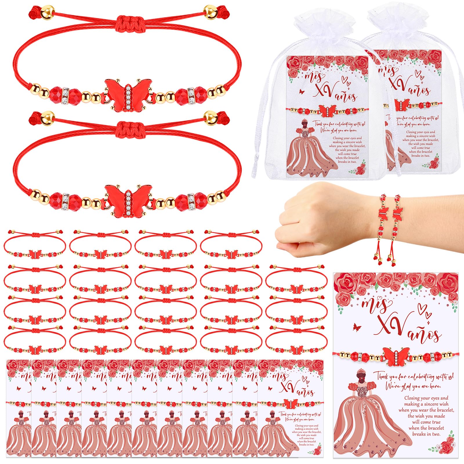 Wenqik 25 Sets Quinceanera Party Favors for Guests Recuerdos Para 15 Años Red Butterfly Wish Bracelets with Thank You Card and Organza Bag Quinceanera Gifts Mis Xv Años Birthday Party Favors