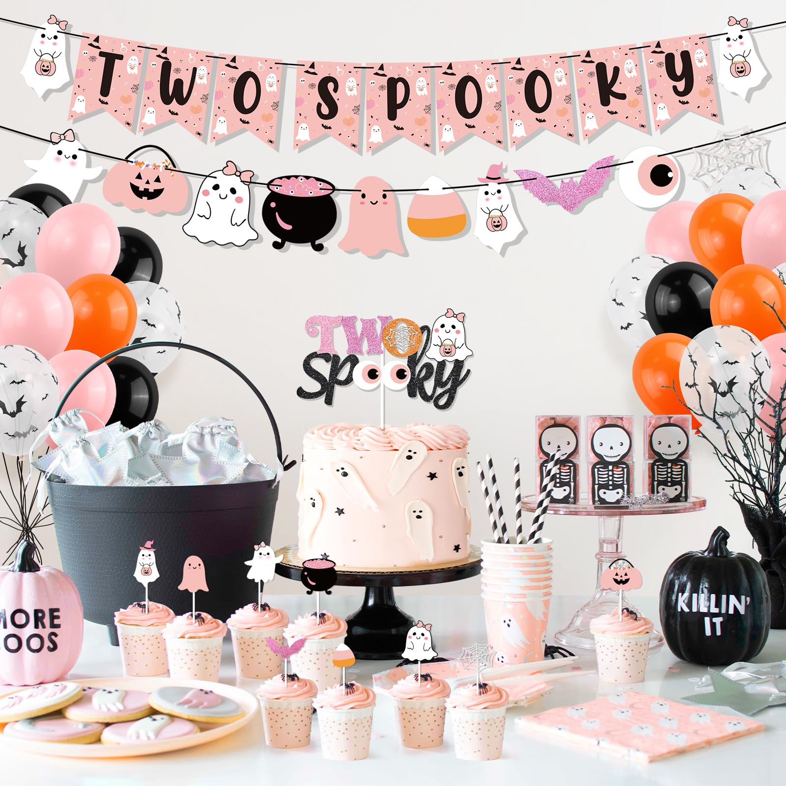 Girls Halloween 2nd Birthday Party Decor, Halloween Two Spooky Banner Cute Ghost Cake Topper Balloons for Halloween Theme Little Boo Second Birthday Happy Boo Day Boo Im Two Baby Shower Party Supplies