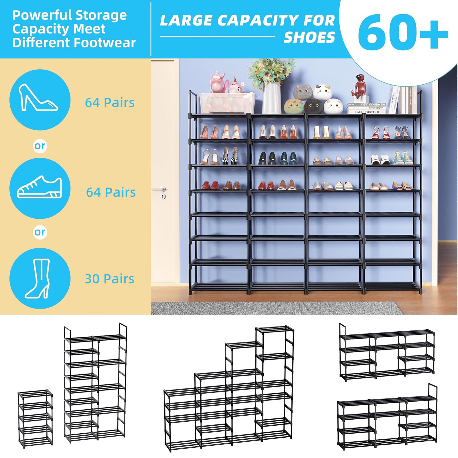 Simple Trending 8-Tier Large Shoe Rack Holds 64 Pairs, Tall Shoe Organizer Storage Shelf can DIY Style with Metal Pipes for Entryway, Closet, Bedroom,Garage, Black