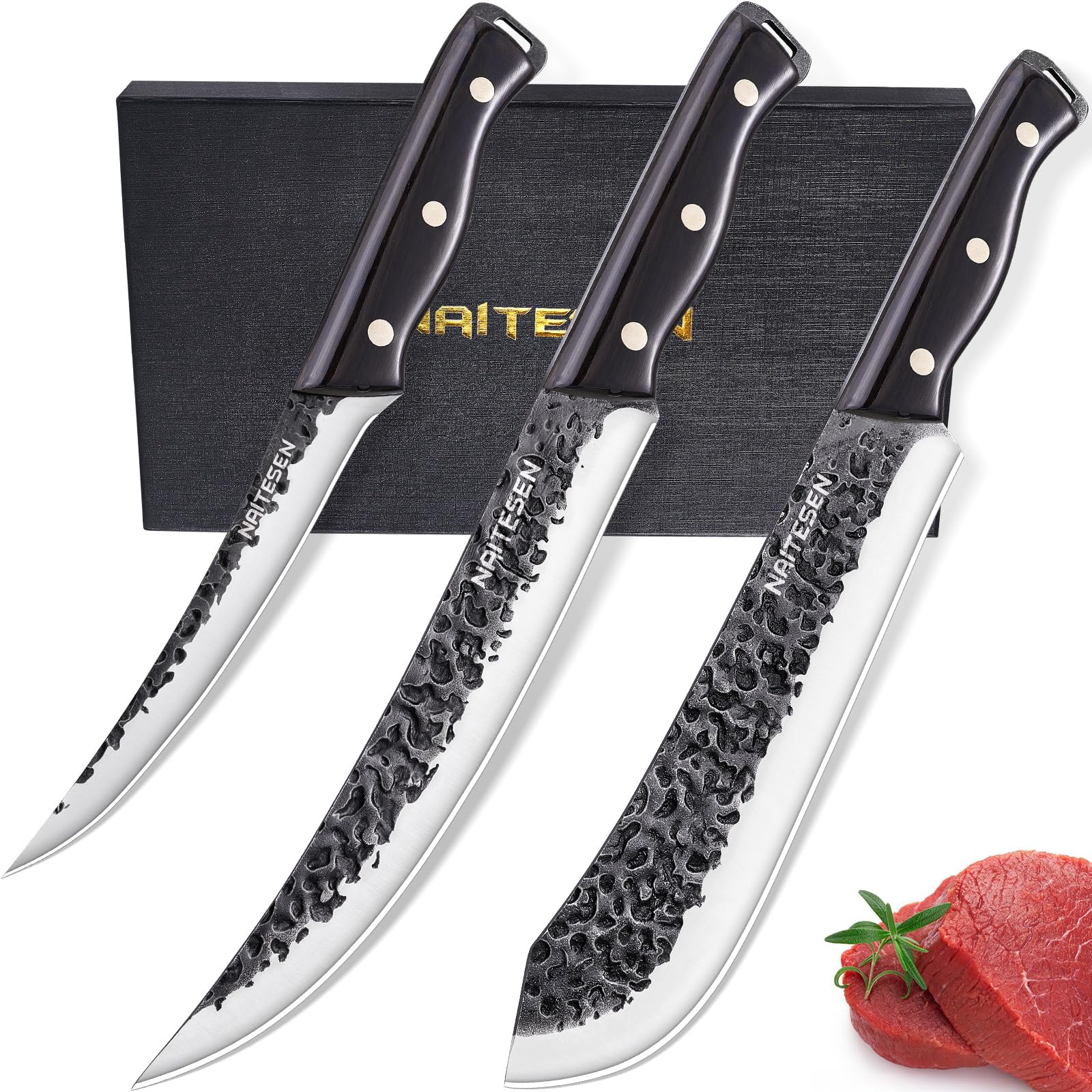 Naitesen Professional Butcher Knife Set 3, Bullnose Meat Carving Knife Breaking Knife Boning Knife Hand Forged Very Sharp for Meat Cutting Home Kitchen Cooking BBQ