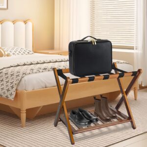 GUANBOM Luggage Rack，Folding Suitcase Stand with Storage Shelf，Luggage Stand for Guest Room Bedroom and Hotel (Brown)