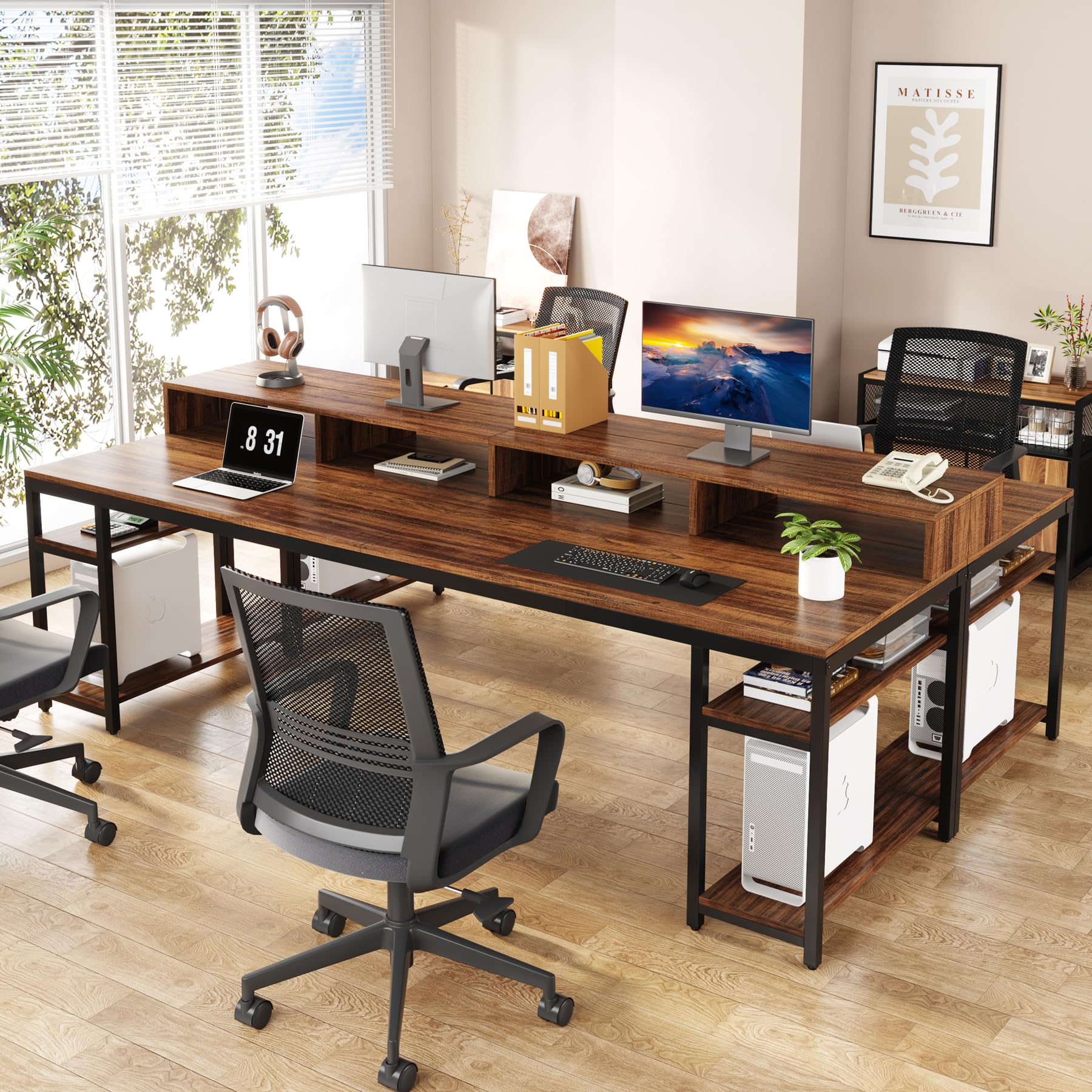 Tribesigns Two Person Desk with Monitor Stand, 78.74" Long Double Computer Office Desk with Storage Shelves, Large Gaming Desk Study Writing Table Workstation for Home Office (Rustic Brown)