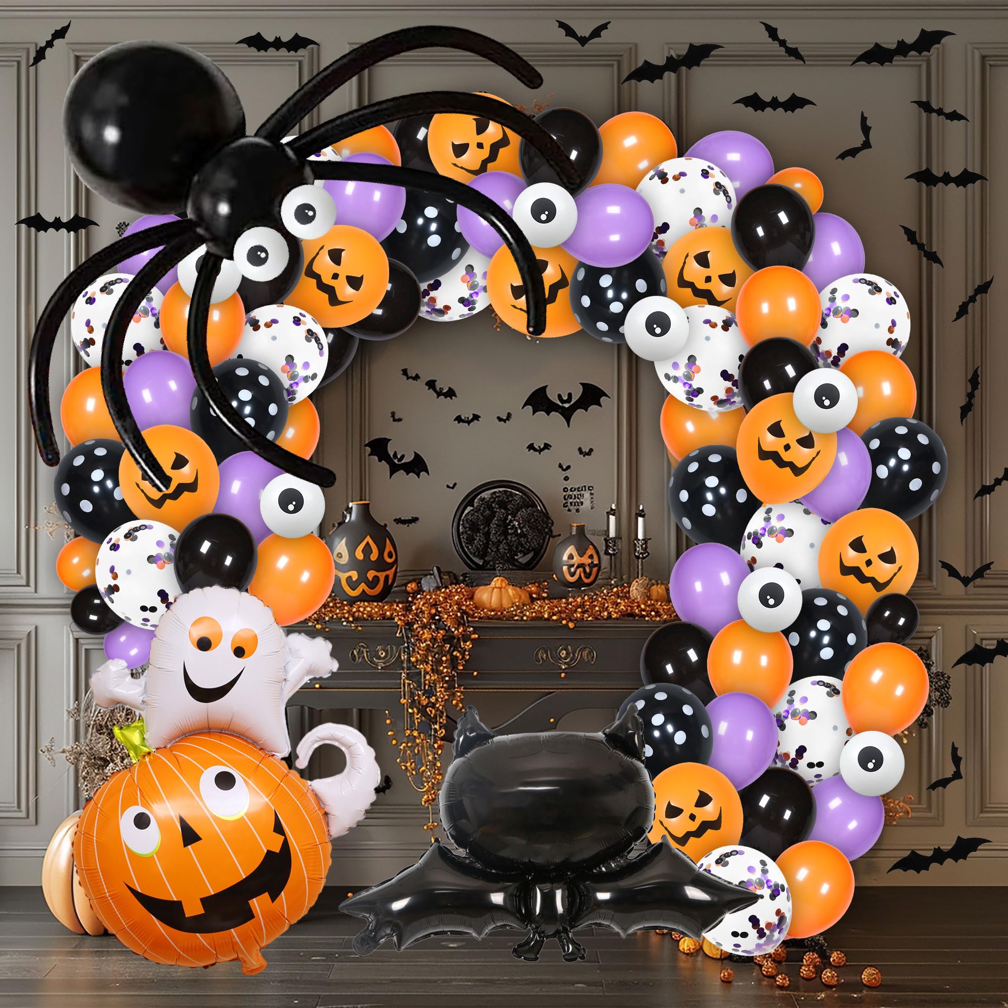 151 PCS Halloween Balloon Arch Kit,Black Orange Purple Halloween Balloon Garland with Boo Letter Ghost Pumpkin 3D Bats Skulls Halloween Foil Balloons,Halloween Party Decorations Kit