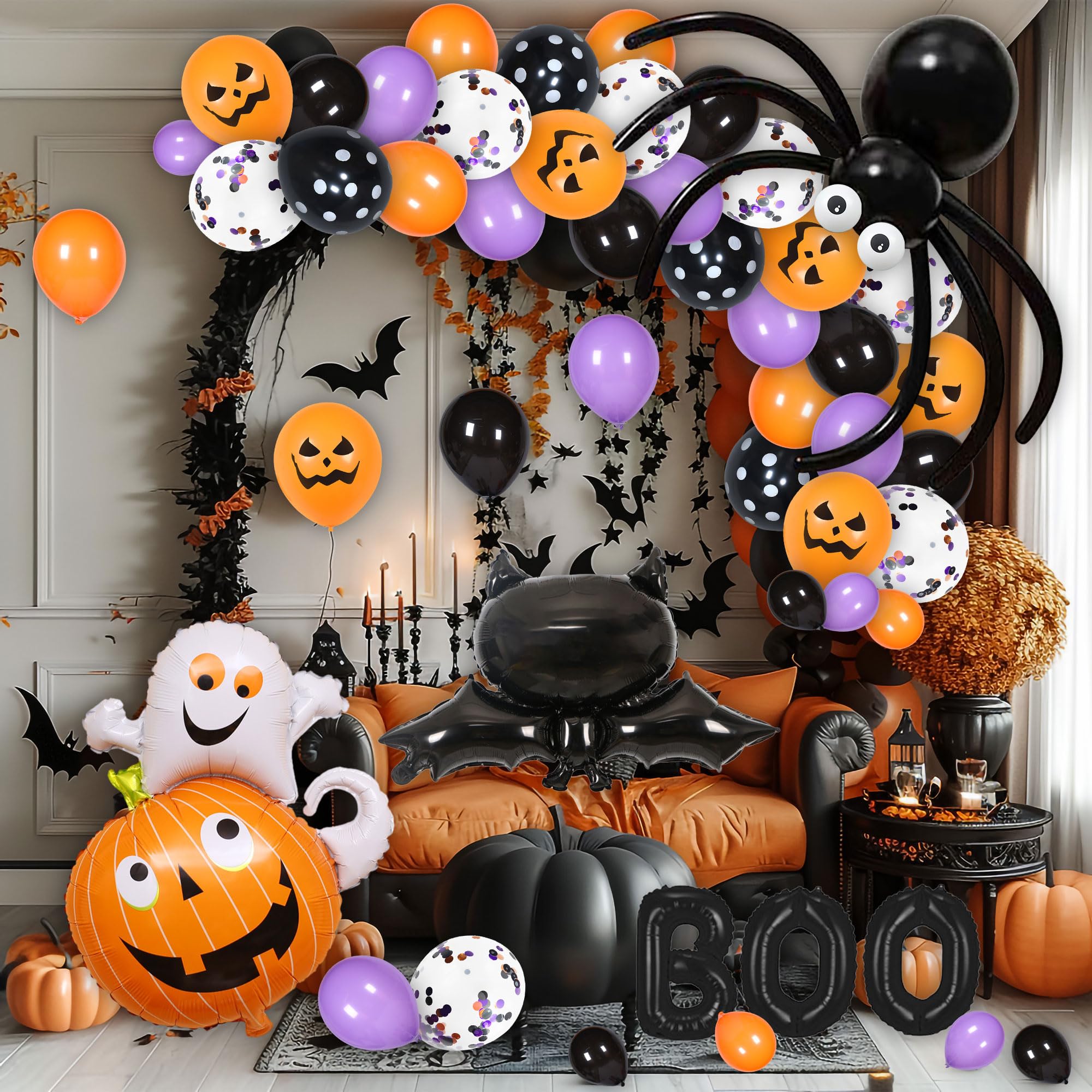 151 PCS Halloween Balloon Arch Kit,Black Orange Purple Halloween Balloon Garland with Boo Letter Ghost Pumpkin 3D Bats Skulls Halloween Foil Balloons,Halloween Party Decorations Kit