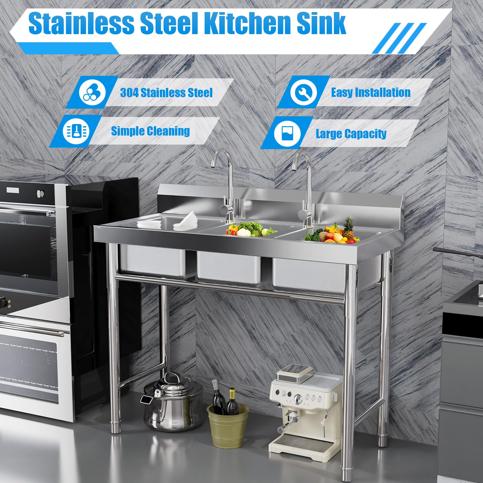 3 Compartment Sink Commercial Stainless Steel Utility Sink w/3*Drains, Outdoor Sink 3 Bay Sink Restaurant Sink, 39 * 17.7 * 37.4in