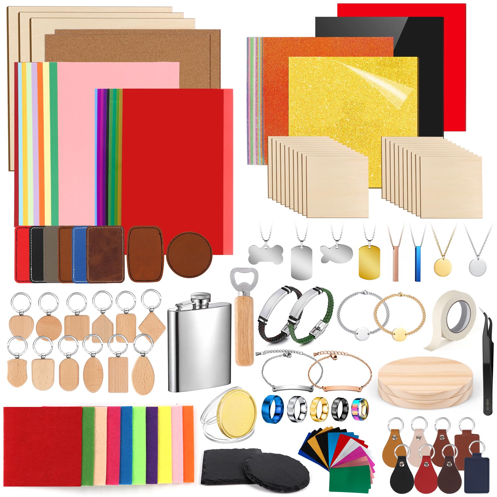 Adrattnay Laser Material Explore Kit, 218PCS Laser Engraving Material for Laser Crafting, 29 Kinds Laser Material Includes Basswood, Acrylic, Leather, Metal Necklace Bracelet Ring for Laser Engraver