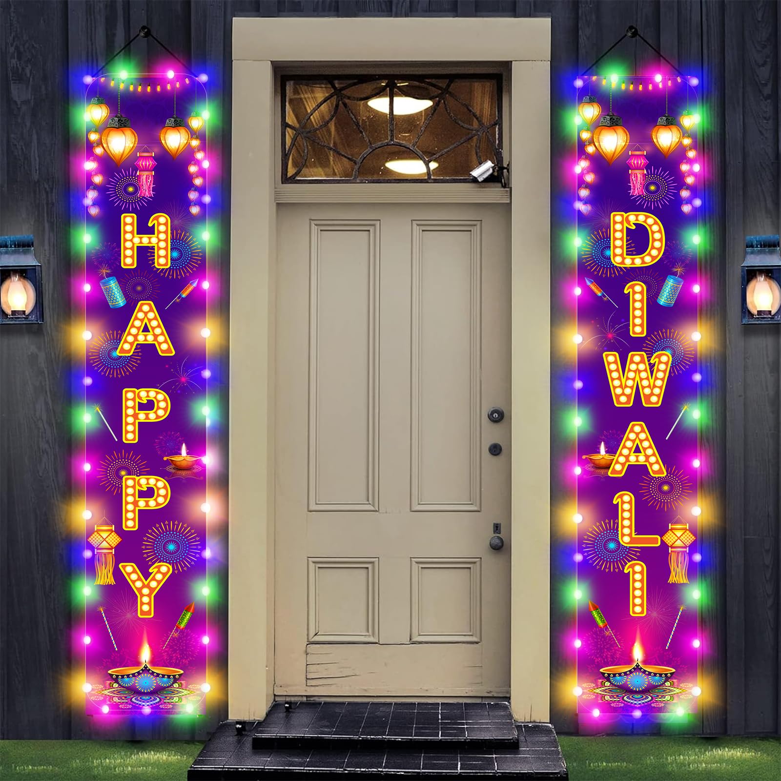 Diwali Door Hanging Banner Lighted Decorations Festival of Light Porch Sign with LED Light Deepavali Celebration Banner Party Indoor Outdoor Wall Decor