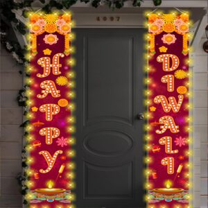 Diwali Door Hanging Banner Lighted Decorations Festival of Light Porch Sign with LED Light Deepavali Celebration Banner Party Indoor Outdoor Wall Decor