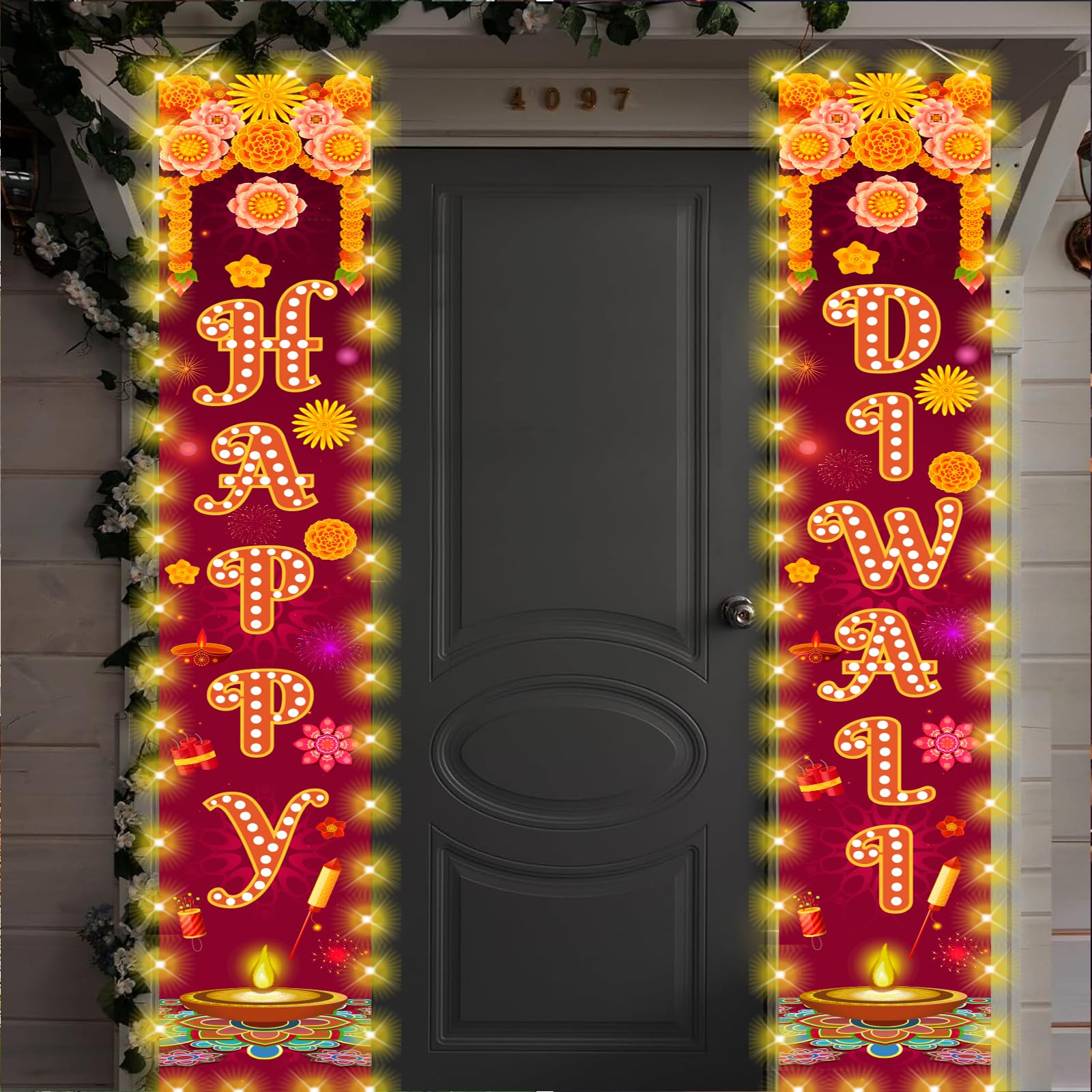 Diwali Door Hanging Banner Lighted Decorations Festival of Light Porch Sign with LED Light Deepavali Celebration Banner Party Indoor Outdoor Wall Decor