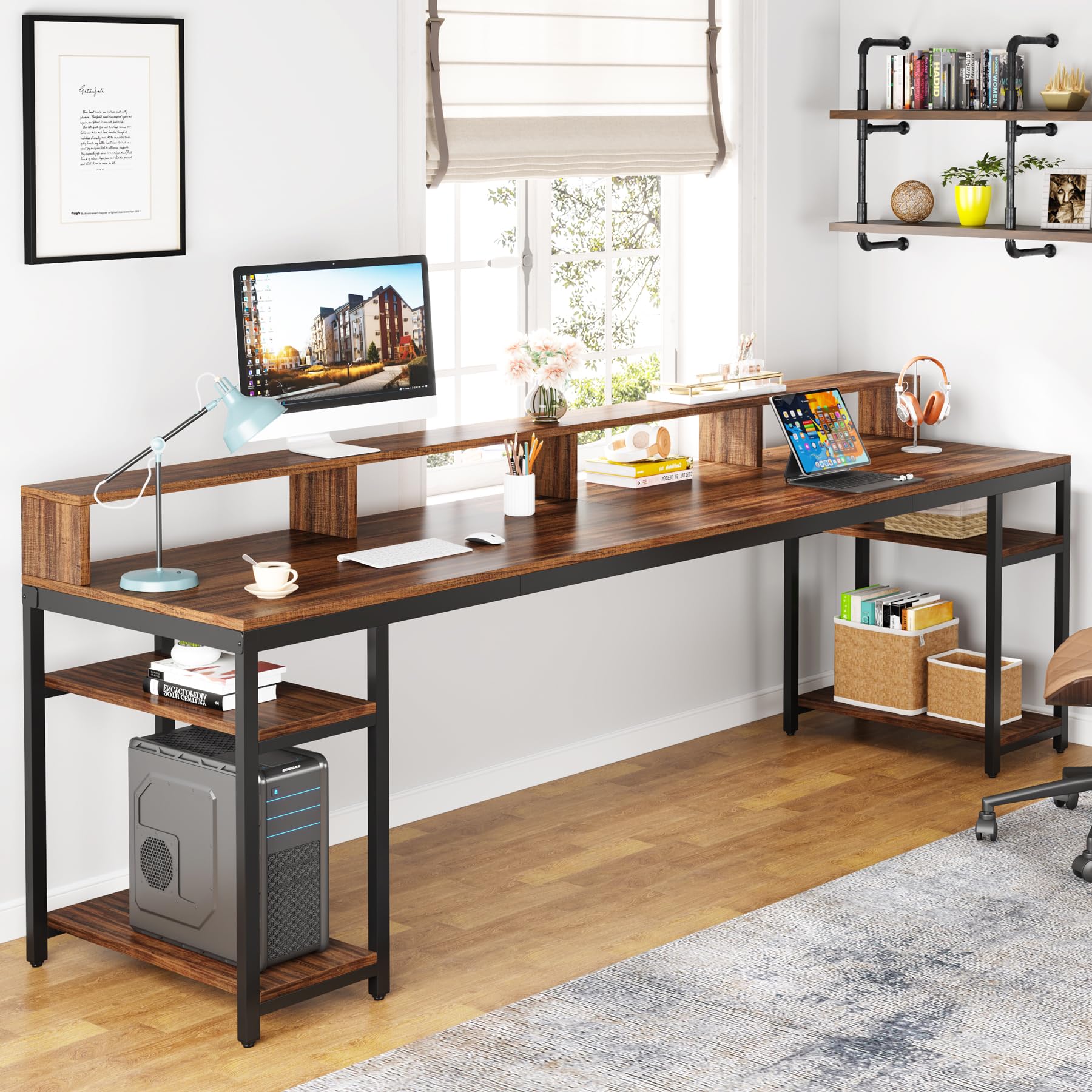 Tribesigns Two Person Desk with Monitor Stand, 78.74" Long Double Computer Office Desk with Storage Shelves, Large Gaming Desk Study Writing Table Workstation for Home Office (Rustic Brown)