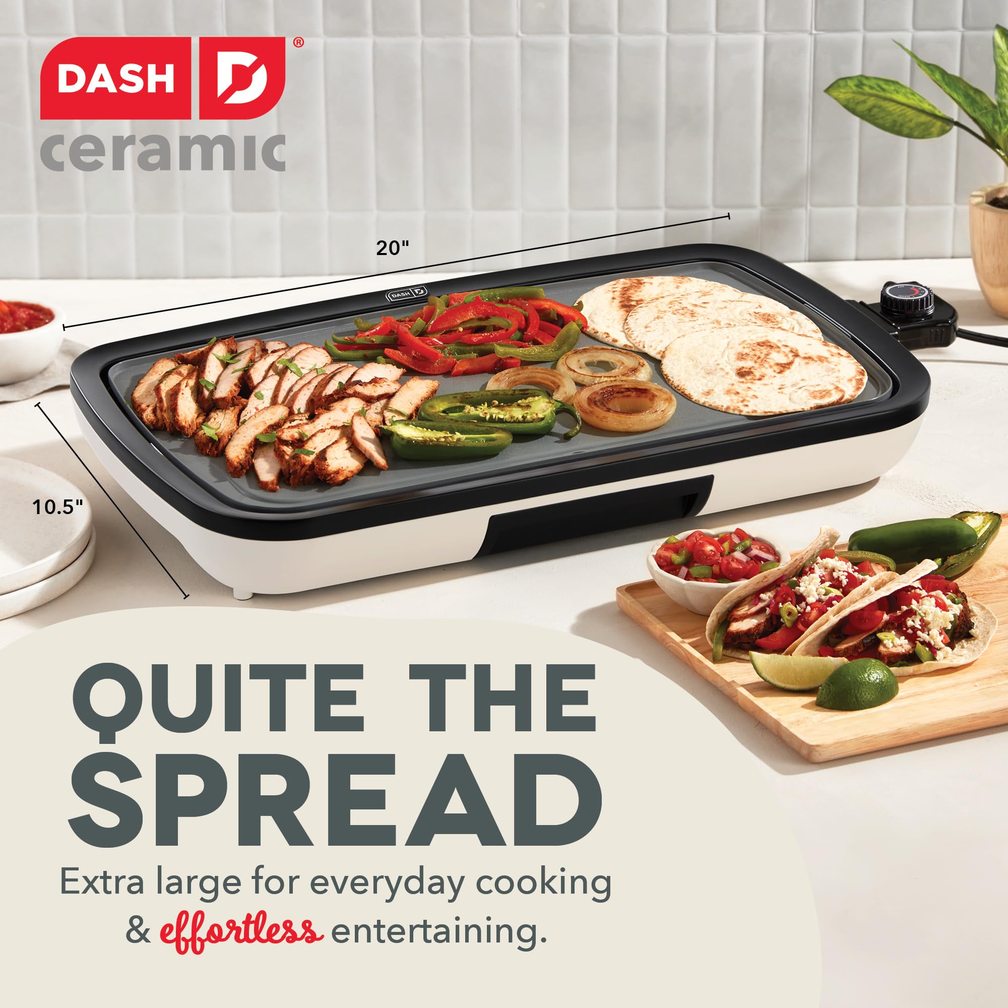 DASH Everyday Ceramic Electric Griddle for Pancakes, Burgers, Quesadillas, Eggs & other on the go Breakfast, Lunch & Snacks with Drip Tray + Included Recipe Book, 20in, 1500-Watt - Cream