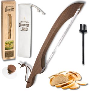 bread knife package slicer for sourdough bread, 16.5" premium wooden bow design, premium stainless steel serrated saw, cutter for cutting loaf, sandwich, bagels, homemade bread & more - black walnut