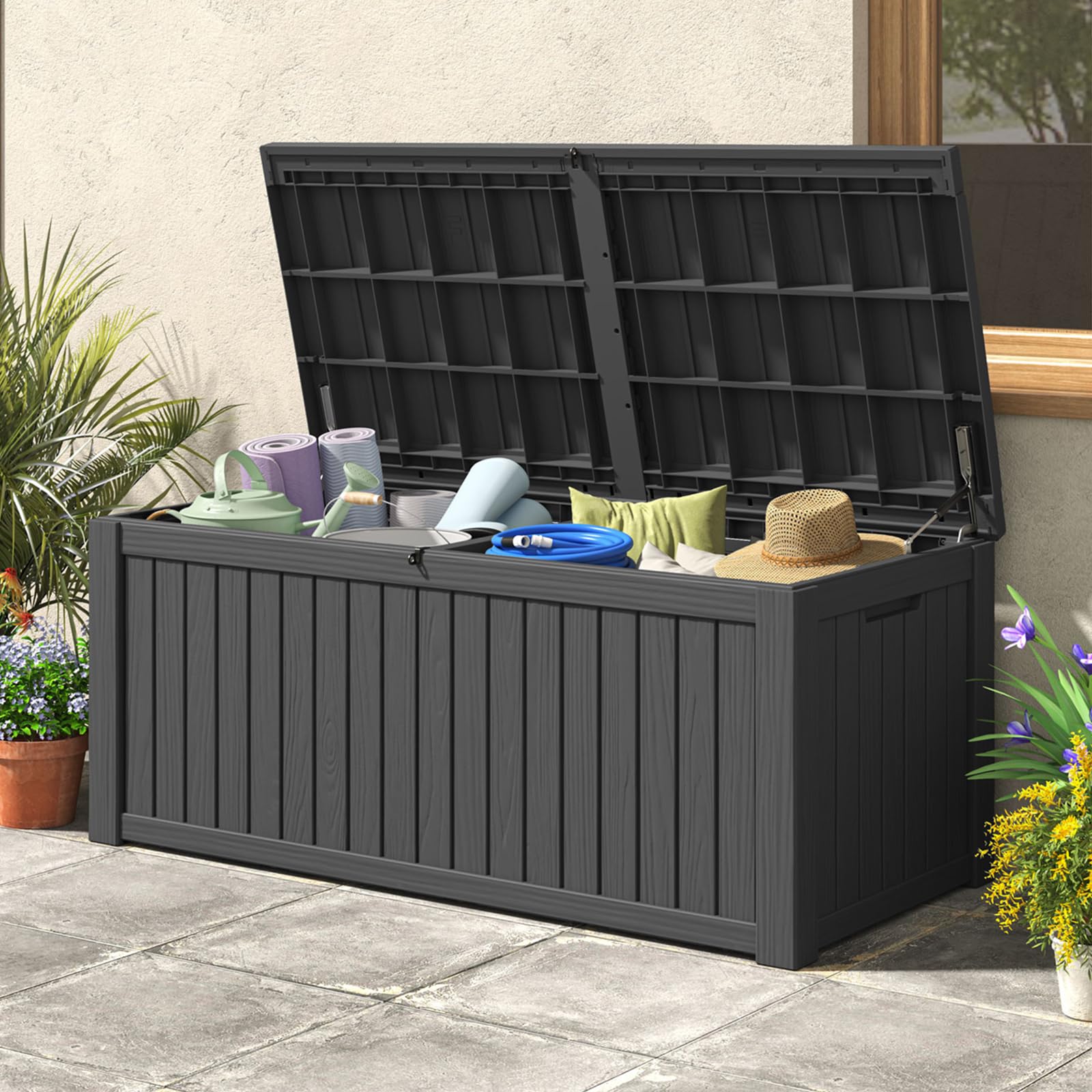 LHBGO 180 Gallon Deck Box Large Outdoor Storage for Patio Furniture,Outdoor Cushions, Garden Tools, Sports Equipment and Pool Supplies, Waterproof, Resin, Lockable, Black