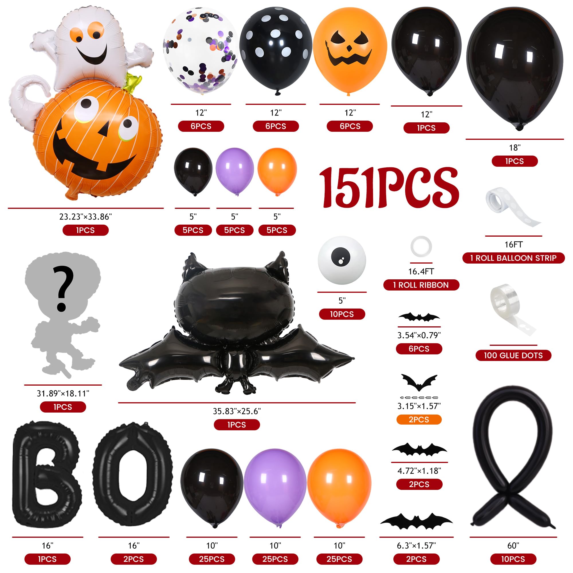 151 PCS Halloween Balloon Arch Kit,Black Orange Purple Halloween Balloon Garland with Boo Letter Ghost Pumpkin 3D Bats Skulls Halloween Foil Balloons,Halloween Party Decorations Kit