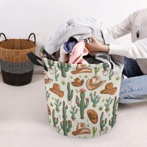 TsyTma Western Themed Cactus Laundry Basket Cowboy Small Laundry Hamper Collapsible Clothes Hamper with Handles Round Toy Organizer Bin for Kid's Room Office Nursery Hamper Home Decor