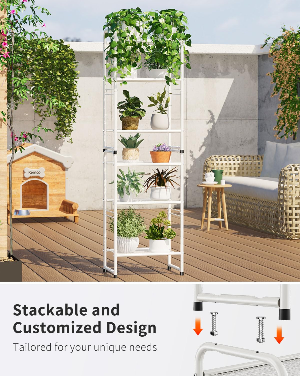 GEORIS 3-Tier Mesh Shelving Unit Outdoor Indoor Waterproof, Stackable Metal Plant Shelf Stand, 17.7-Inch Width Laundry Display Storage Rack, White