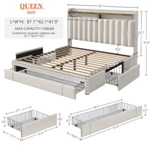 EnHomee Queen Bed Frame with 3 Drawers,Bed Frame Queen Size with Upholstered Headboard and Storage,2-Tier Shelves,1100LBS for Strong Support, No Box Spring Needed,Easy Assembly,No-Noise,Beige