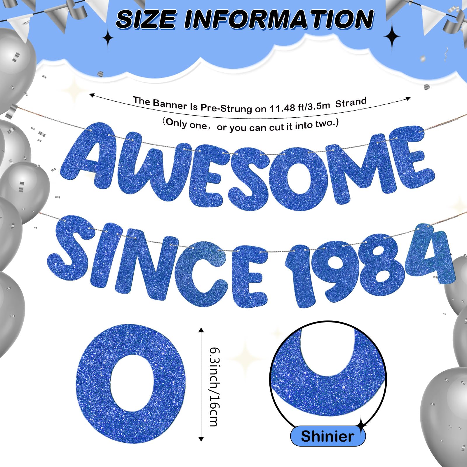 Fulmoon Pre-strung Awesome Since 1984 Banner Glitter Happy 40th Birthday Banner Funny 40th Birthday Decorations 1984 Party Decorations for Men Women Anniversary (Navy Blue)