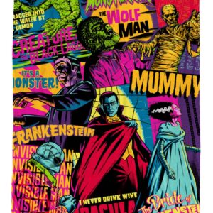 Universal Monsters Mashup Plush Throw Blanket - Measures 50 x 70 Inches, Super Soft Lightweight Bedding with Frankenstein, Dracula and The Mummy