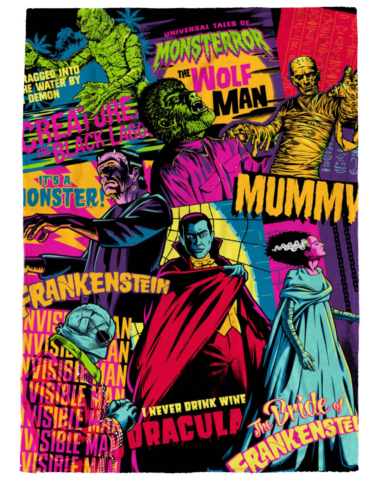 Universal Monsters Mashup Plush Throw Blanket - Measures 50 x 70 Inches, Super Soft Lightweight Bedding with Frankenstein, Dracula and The Mummy