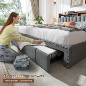 EnHomee Queen Bed Frame with 3 Drawers Upholstered Bed Frame Queen Size with Headboard, Queen Size Bed Frame, Queen Bed Frame with Storage, No Box Spring Needed, No-Noise, Easy Assembly, Grey