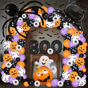 151 pcs halloween balloon arch kit,black orange purple halloween balloon garland with boo letter ghost pumpkin 3d bats skulls halloween foil balloons,halloween party decorations kit