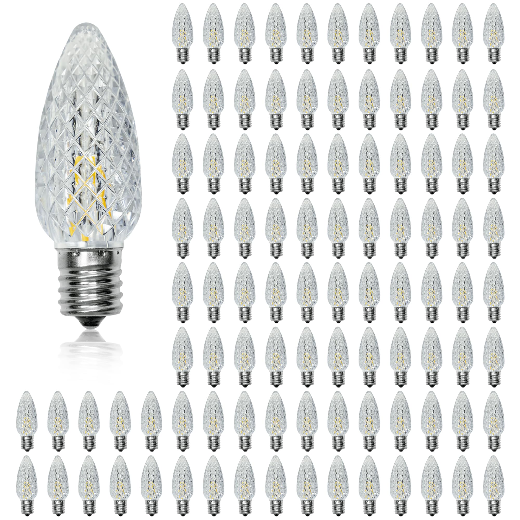 100 Pack C9 Christmas Lights LED Replacement Bulbs, Shatterproof & Waterproof Plastic C9 Led Bulbs for Outdoor String Lights, E17 Base, 0.6W Equivalent to 7W, 2700K, 50 Lumens Holiday Decoration