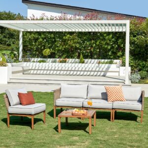 natural expressions patio furniture sets, 5 pieces wicker outdoor sectional couch sofa patio outdoor furniture conversation set with handwoven rattan,handbrush wooden grain metal frame,5" cushions