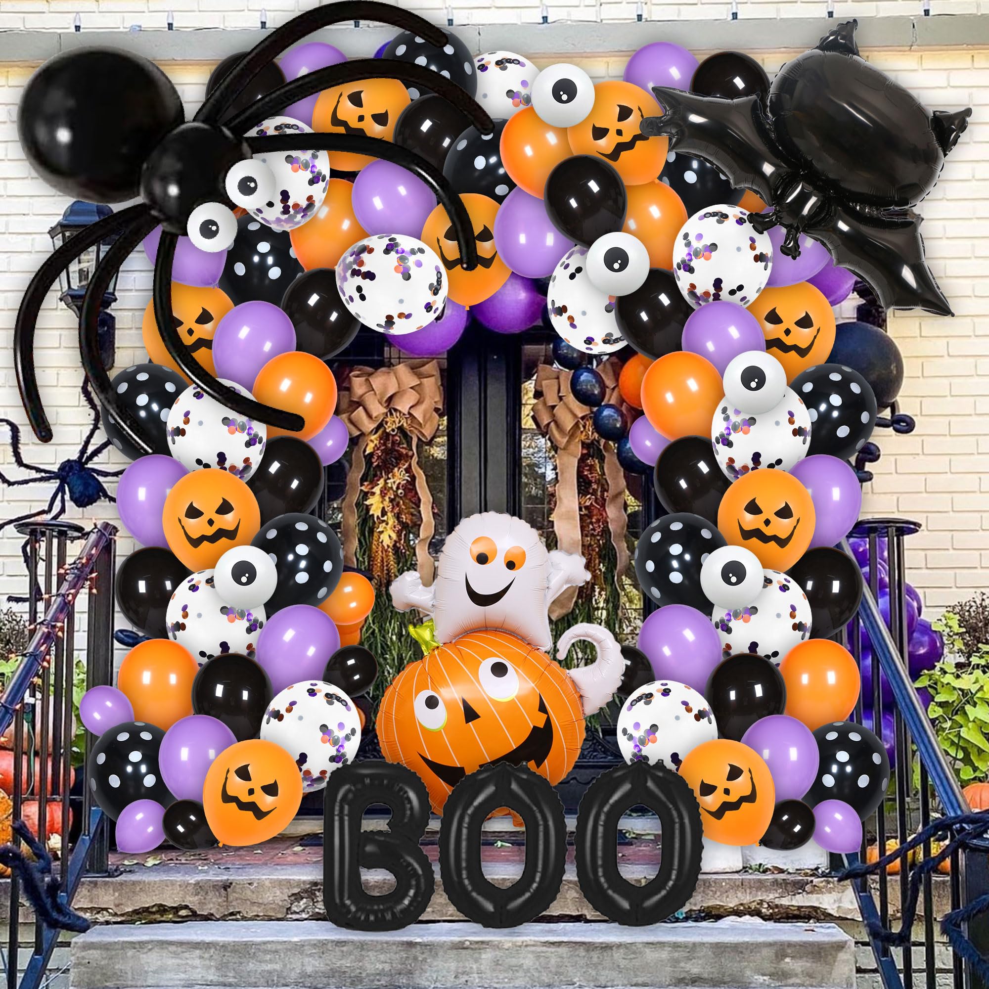 151 PCS Halloween Balloon Arch Kit,Black Orange Purple Halloween Balloon Garland with Boo Letter Ghost Pumpkin 3D Bats Skulls Halloween Foil Balloons,Halloween Party Decorations Kit