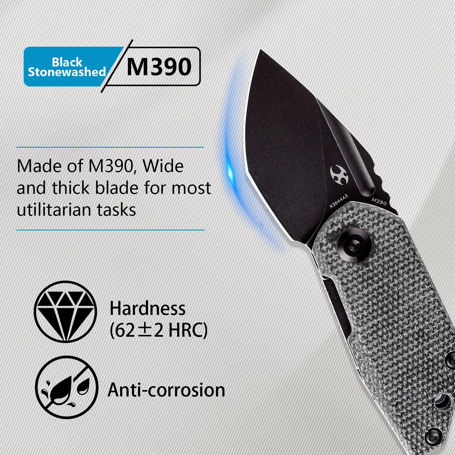 KANSEPT RIO Mini Pocket Folding Knives EDC Camping Folding Knife 1.56'' Black Stonewashed M390 Blade Pocket EDC Knife with Black Micarta Handle Everyday Carry K3044A3